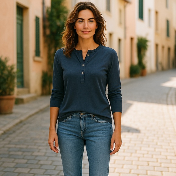 BANANA REPUBLIC Navy Long Sleeve Henley Shirt - Picture 1 of 6